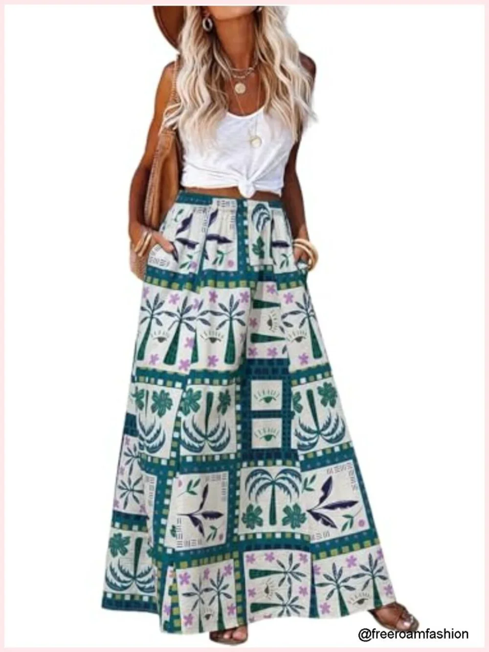 Women's Floral Maxi Skirt with Pockets Elastic Waist A-Line Boho for Beach